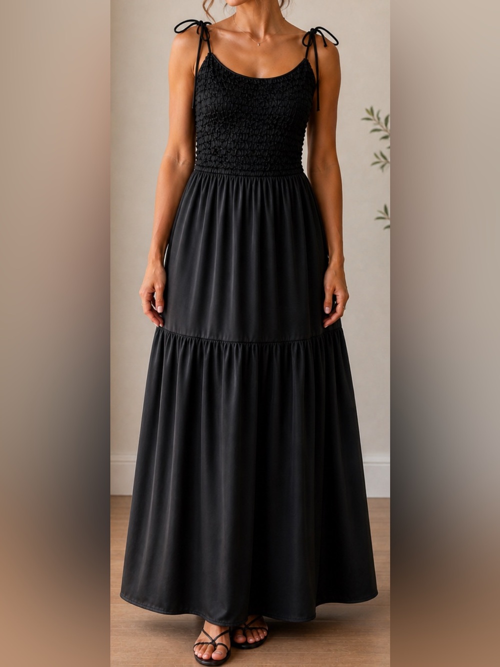 NWOT Love The Label Smocked Satin-like Tiered Maxi Dress